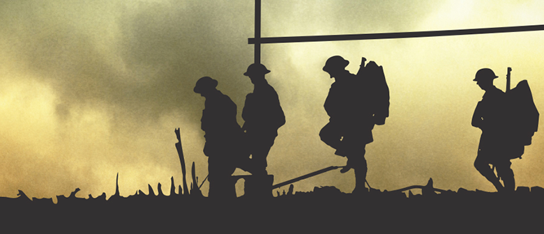 Silhouettes of NZ soldiers on a battlefield. Behind them are rugby goalposts