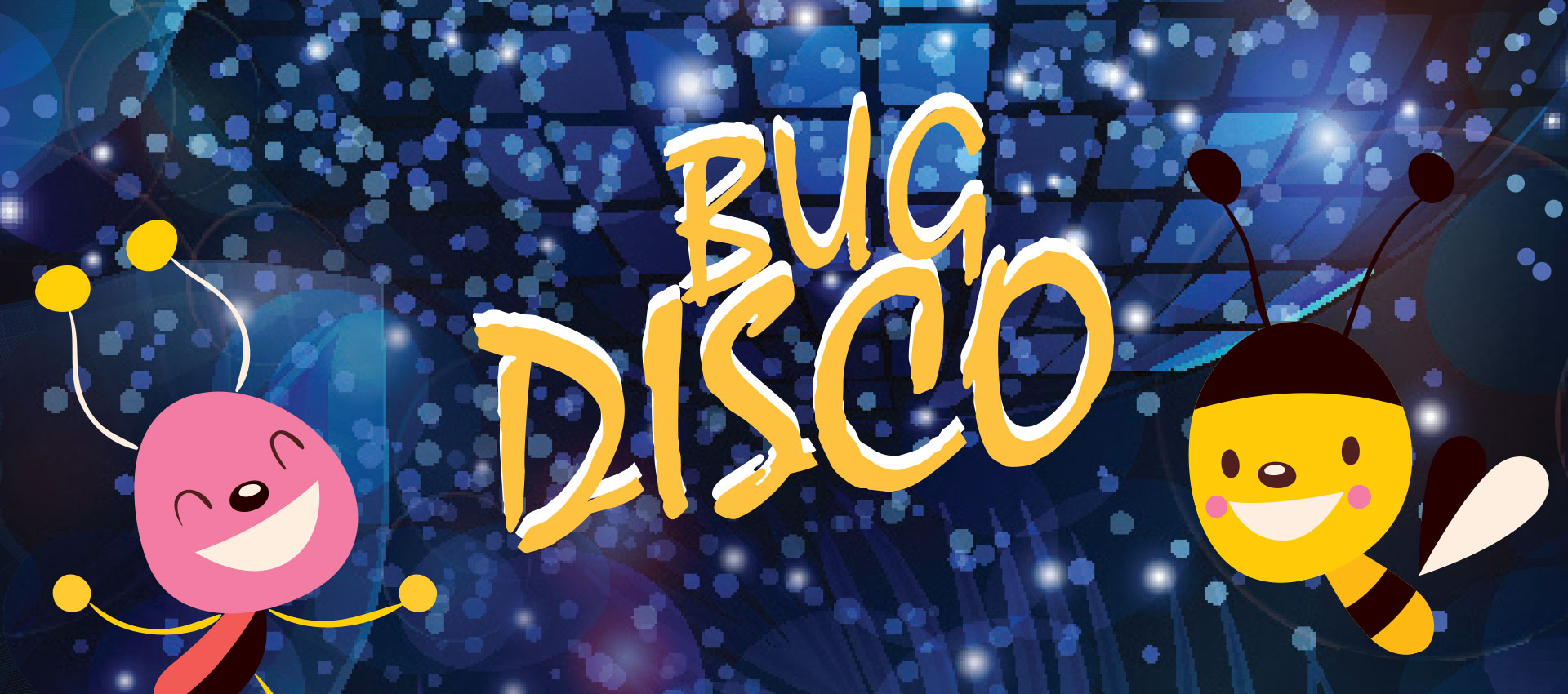 Event title: Bug Disco - two cartoon insects dance against a blue disco background
