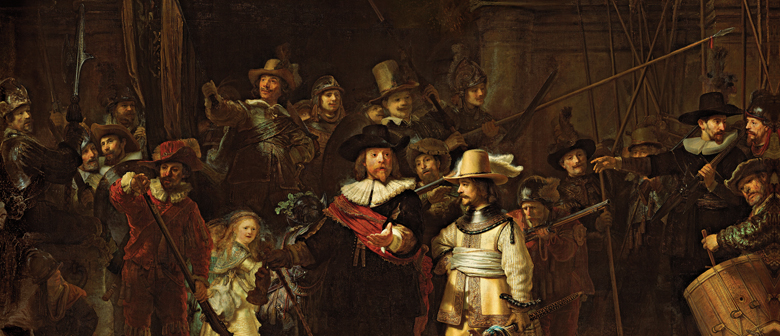 Rembrandt's painting "Night Watch: - soldiers in 18th century dress parade through the street