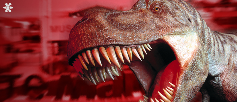 A tyrannosaurus rex roars against a red background