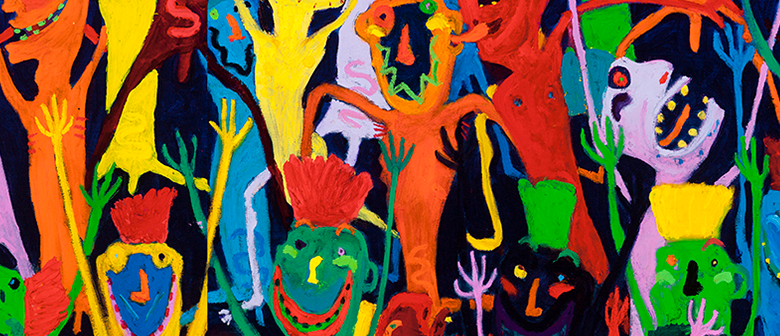 Brightly coloured abstract human figures dancing