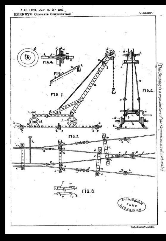 Frank Hornby’s 1901 patent for Mechanics Made Easy, showing the key element of constructional parts with equidistant holes, allowing a variety of models to be made.