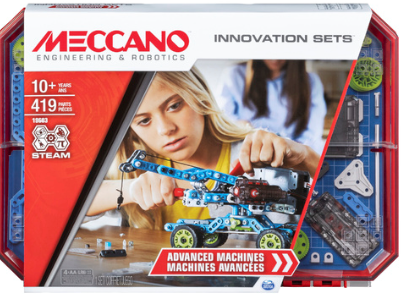 A modern Meccano set featuring a crane built of blue metal