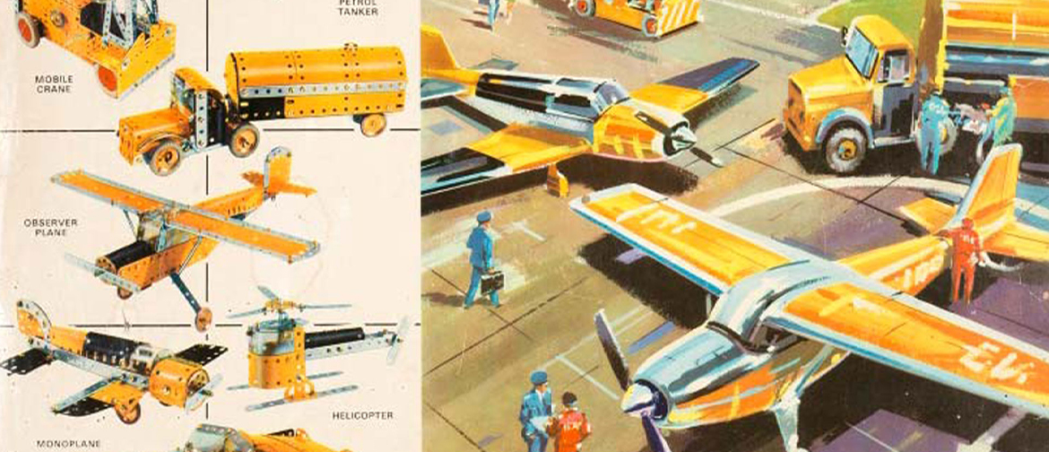 A Meccano set box lid, featuring illustrations of yellow airport vehicles and the Meccano models representing them