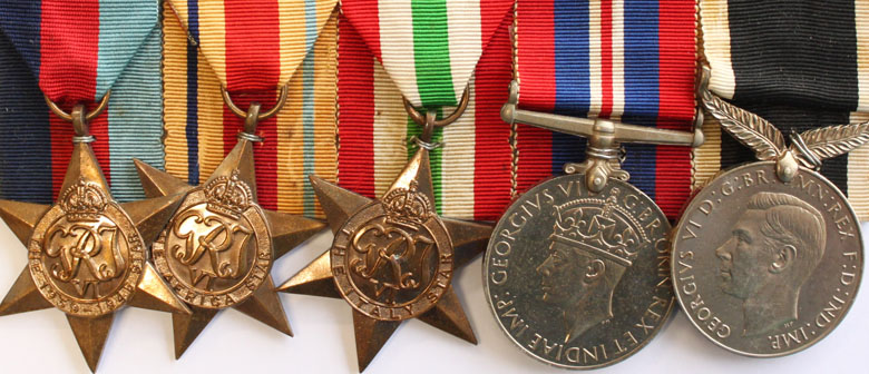 A row of World War Two medals