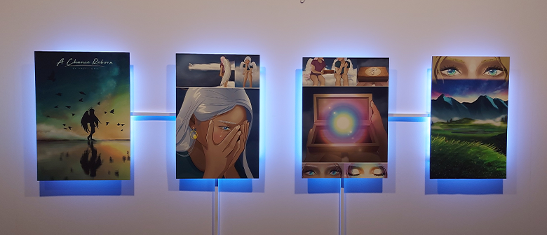Four cartoon panels backlit by blue LEDs