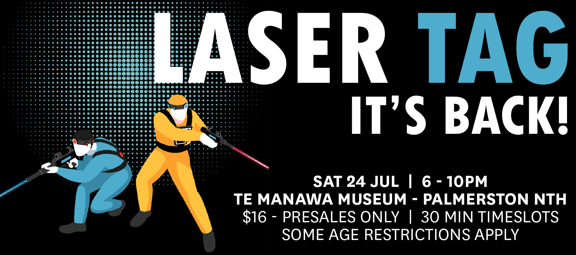 Two figures shoot lasers next to text: Laser Tag, it's back!