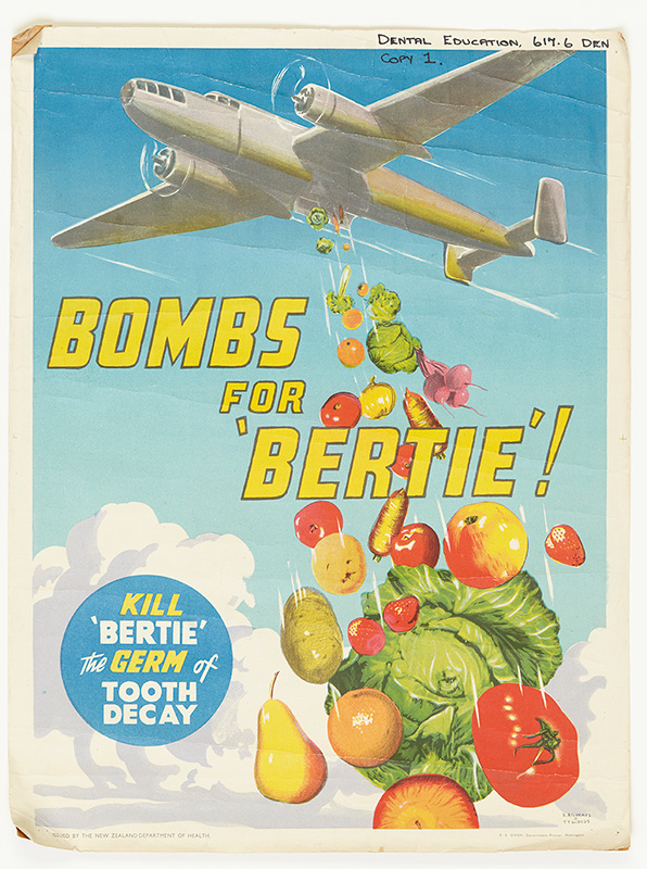 A plane dropping a load of fruit and vegetables, with the text "Bombs for Bertie"