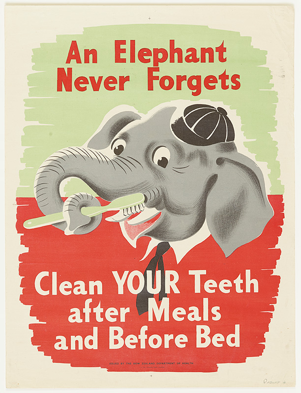 An educational poster of an elephant brushing its teeth