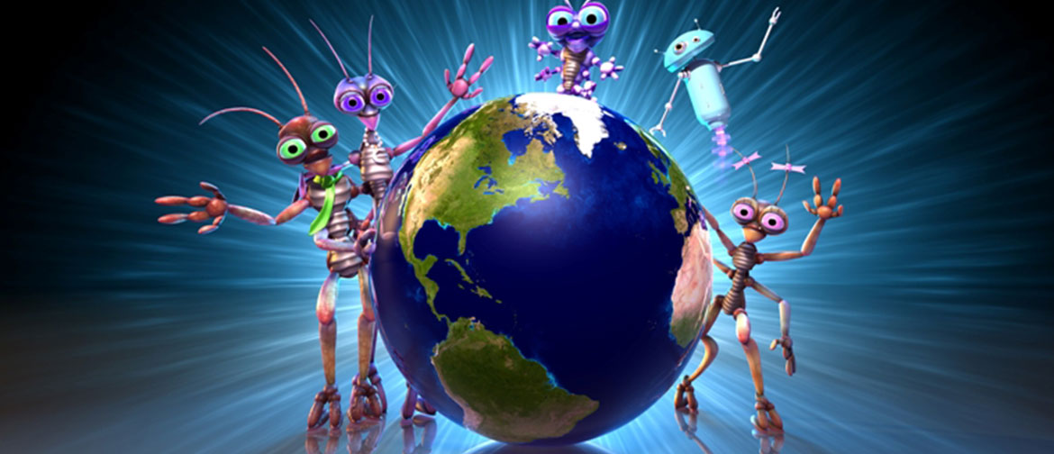 Cartoon aliens stand next to the Earth.