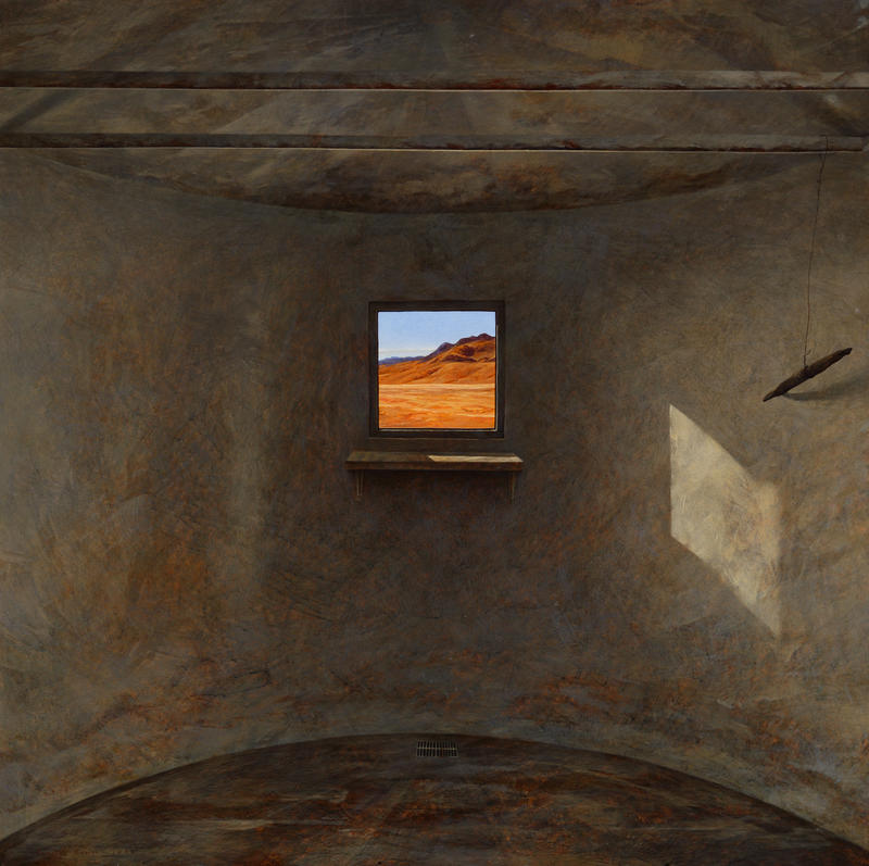 A painting of the interior of a concrete structure, with the sun-baked Otago hills visible through a tiny window.