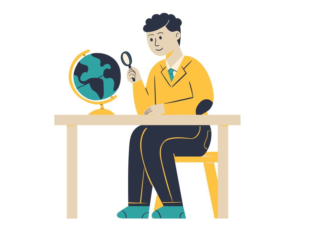 illustration of a school child holding up a magnifying glass to a model of the globe