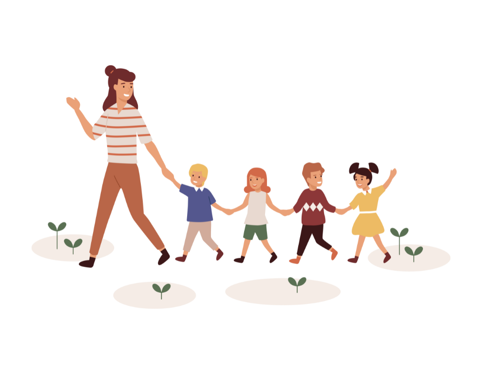 Colourful illustration of adult holding hands with four small children on a plain background