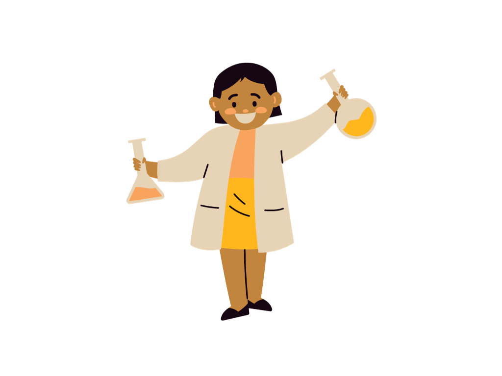 Colourful illustration of happy child in a lab coat holding up test tubes on a plain background